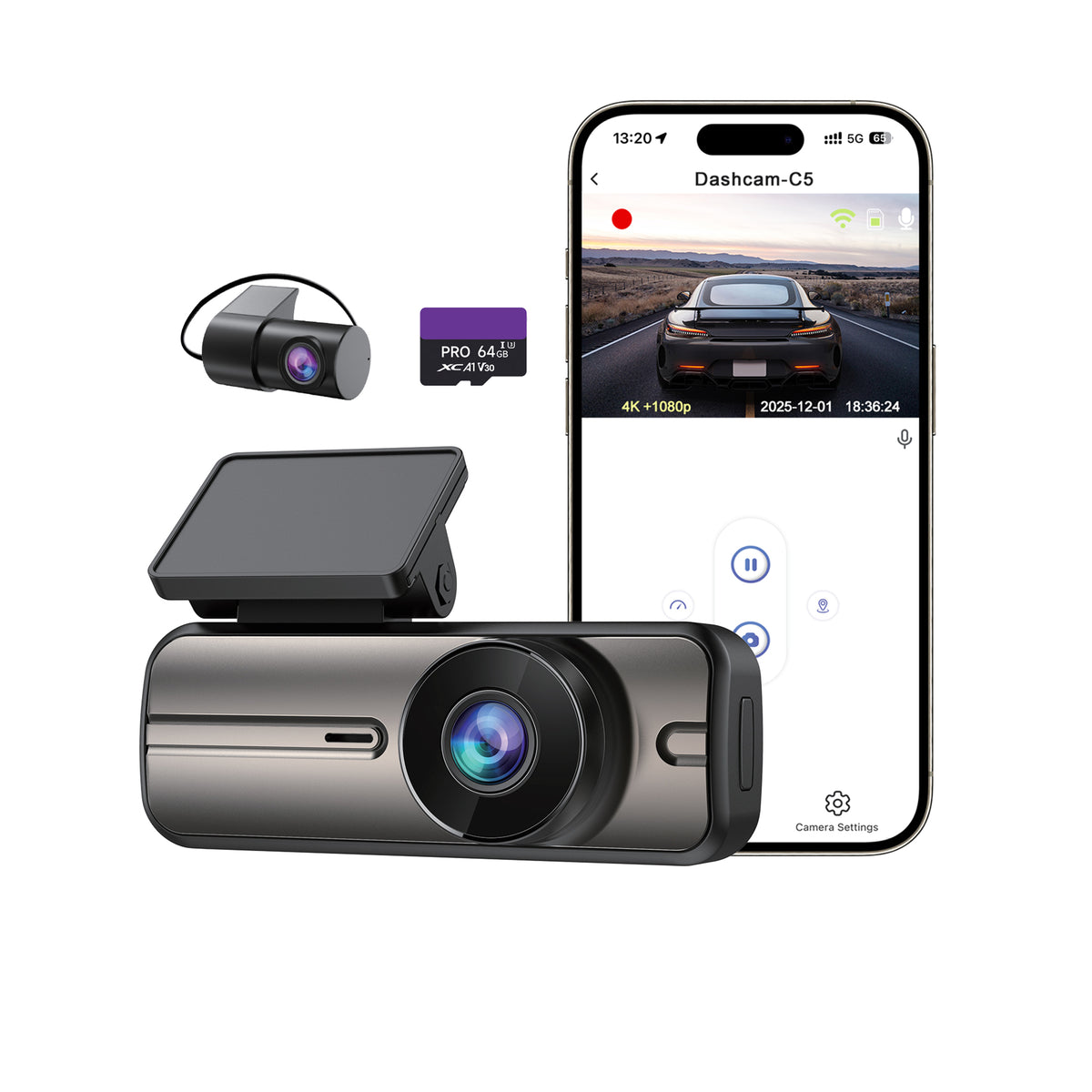 Dash Cam Front and Rear 4K+1080P, 5GHz WiFi, Dual Dashcam with 64GB Card, App Control, 1.47" IPS Screen, 24H Parking Mode, Night Vision, 170° Wide Angle, G-Sensor, WDR, Car Camera (C5)