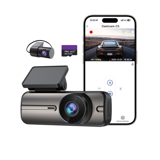 Dash Cam Front and Rear 4K+1080P, 5GHz WiFi, Dual Dashcam with 64GB Card, App Control, 1.47" IPS Screen, 24H Parking Mode, Night Vision, 170° Wide Angle, G-Sensor, WDR, Car Camera (C5)
